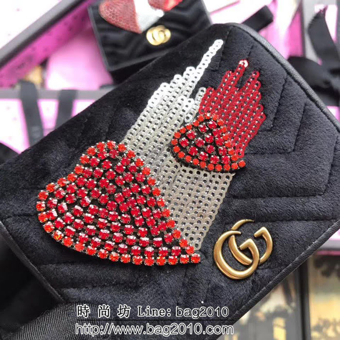 GUCCI古馳 歐洲正品原單 天鵝絨GG marmont 小卡包 466492 黑刺繡 WTG1361